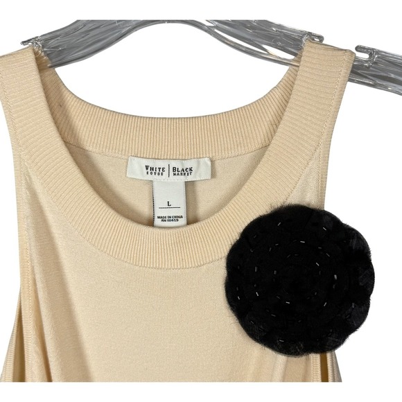 White House Black Market Silk Tank Top with Black Flower Brooch, Cream, Size L - Picture 2 of 6